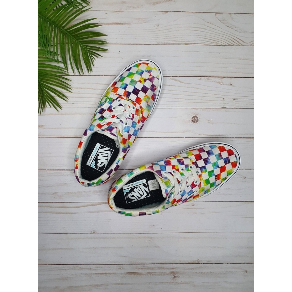 Vans Comfycush Tie-Dye Checkerboard Skate Shoes, White & Rainbow, Women's 7.5